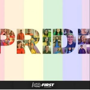 The word pride made up of peoples pictures on a pink, orange yellow green and purple background